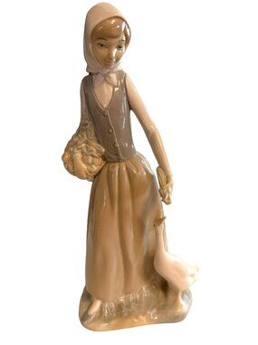 Vintage NAO by Lladró Girl Feeding Goose Porcelain Figurine Spain Basket Flowers